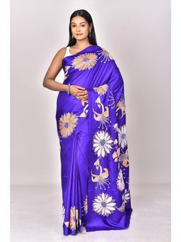 Ramshyam Collection - Womens Kantha Silk Floral Thread Work Blue Saree with Unstitched Blouse