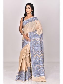 Ramshyam Collection - Womens Kantha Silk Embroidered Thread Work Beige Saree with Unstitched Blouse