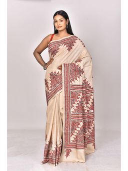 Ramshyam Collection - Womens Kantha Silk Embroidered Thread Work Beige Saree with Unstitched Blouse