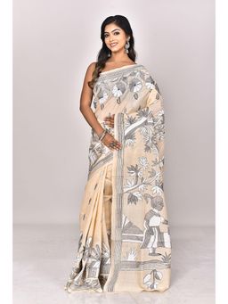 Ramshyam Collection - Womens Kantha Silk Embroidered Thread Work Beige Saree with Unstitched Blouse