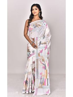 Ramshyam Collection - Womens Kantha Silk Embroidered Thread Work White Saree with Unstitched Blouse