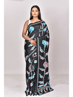 Ramshyam Collection - Womens Kantha Silk Embroidered Thread Work Black Saree with Unstitched Blouse