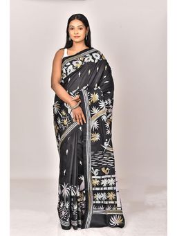 Ramshyam Collection - Womens Kantha Silk Embroidered Thread Work Black Saree with Unstitched Blouse