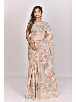 Ramshyam Collection - Womens Kantha Silk Embroidered Thread Work Beige Saree with Unstitched Blouse