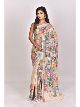 Ramshyam Collection - Womens Kantha Silk Printed Thread Work Beige Saree with Unstitched Blouse