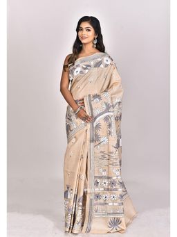 Ramshyam Collection - Womens Kantha Silk Embroidered Thread Work Beige Saree with Unstitched Blouse