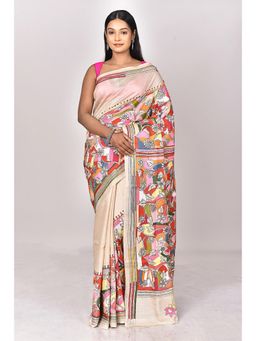 Ramshyam Collection - Womens Kantha Silk Printed Thread Work Cream Saree with Unstitched Blouse