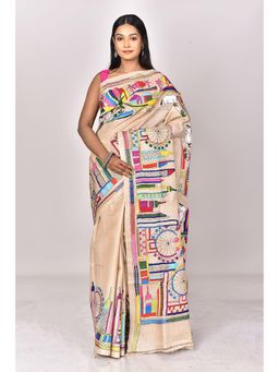 Ramshyam Collection - Womens Kantha Silk Embroidered Thread Work Beige Saree with Unstitched Blouse