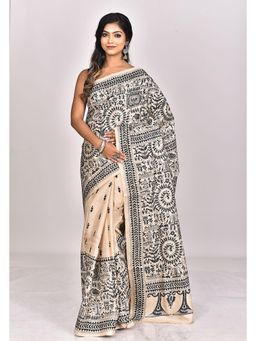 Ramshyam Collection - Womens Kantha Silk Printed Beige Saree with Unstitched Blouse