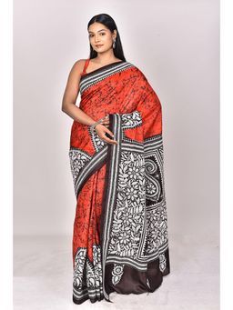 Ramshyam Collection - Womens Kantha Silk Printed Red Saree with Unstitched Blouse