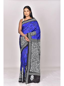Ramshyam Collection - Womens Kantha Silk Printed Thread Work Blue Saree with Unstitched Blouse