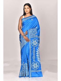 Ramshyam Collection - Womens Kantha Silk Printed Blue Saree with Unstitched Blouse
