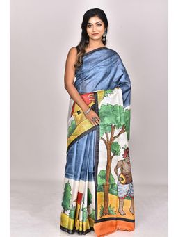 Ramshyam Collection - Womens Kantha Tussar Silk Hand Painted Job Black Saree with Unstitched Blouse
