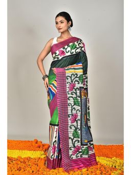 Ramshyam Collection - Womens Kantha Silk Embroidered Thread Work Green Saree with Unstitched Blouse