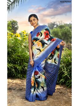 Ramshyam Collection - Womens Kantha Silk Hand Painted Job Blue Saree with Unstitched Blouse