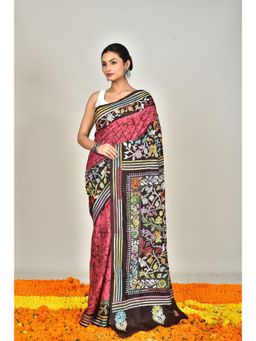 Ramshyam Collection - Womens Kantha Silk Printed Thread Work Red Saree with Unstitched Blouse