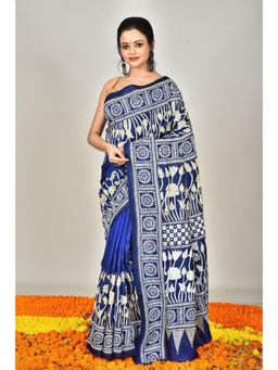 Ramshyam Collection - Womens Kantha Silk Embroidered Thread Work Blue Saree with Unstitched Blouse