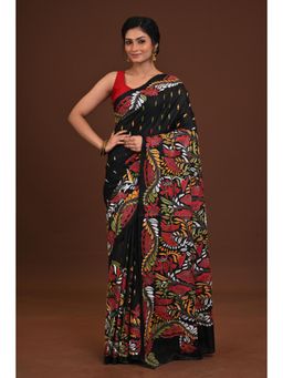Ramshyam Collection - Womens Kantha Silk Embroidered Thread Work Black Saree with Unstitched Blouse