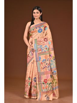 Ramshyam Collection - Womens Kantha Silk Embroidered Thread Work Peach Saree with Unstitched Blouse
