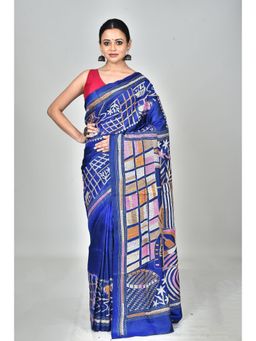 Ramshyam Collection - Womens Kantha Silk Embroidered Thread Work Blue Saree with Unstitched Blouse