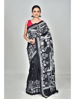 Ramshyam Collection - Womens Kantha Silk Embroidered Thread Work Black Saree with Unstitched Blouse