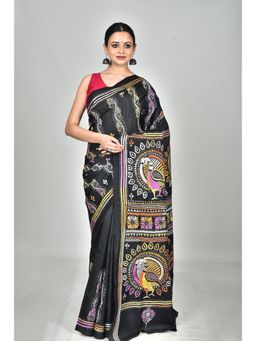 Ramshyam Collection - Womens Kantha Silk Embroidered Thread Work Black Saree with Unstitched Blouse