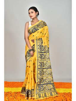 Ramshyam Collection - Womens Kantha Silk Embroidered Thread Work Yellow Saree with Unstitched Blouse