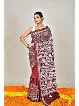 Ramshyam Collection - Womens Kantha Silk Embroidered Thread Work Maroon Saree with Unstitched Blouse