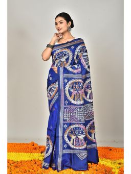 Ramshyam Collection - Womens Kantha Silk Embroidered Thread Work Blue Saree with Unstitched Blouse