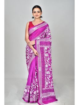 Ramshyam Collection - Womens Kantha Silk Embroidered Thread Work Purple Saree with Unstitched Blouse