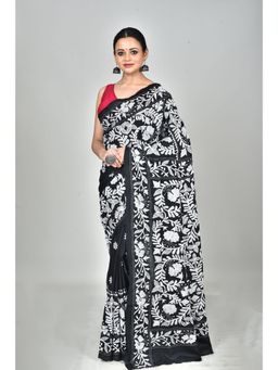 Ramshyam Collection - Womens Kantha Silk Embroidered Thread Work Black Saree with Unstitched Blouse