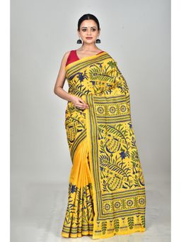 Ramshyam Collection - Womens Kantha Silk Embroidered Thread Work Yellow Saree with Unstitched Blouse
