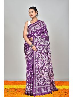 Ramshyam Collection - Womens Kantha Silk Embroidered Thread Work Purple Saree with Unstitched Blouse