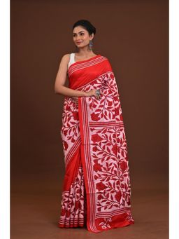 Ramshyam Collection - Womens Kantha Silk Floral Thread Work Red Saree with Unstitched Blouse