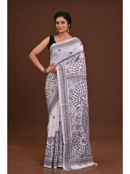 Ramshyam Collection - Womens Kantha Silk Printed White Saree with Unstitched Blouse
