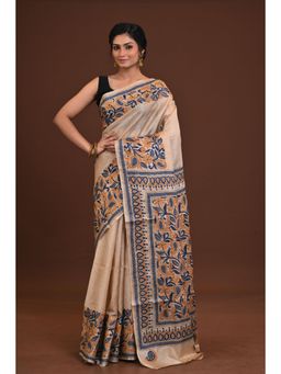 Ramshyam Collection - Womens Kantha Silk Printed Thread Work Beige Saree with Unstitched Blouse
