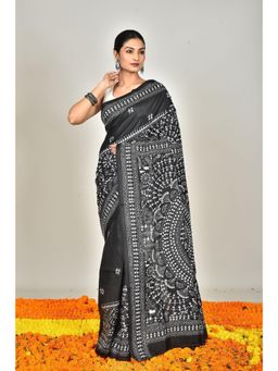 Ramshyam Collection - Womens Kantha Silk Embroidered Thread Work Black Saree with Unstitched Blouse