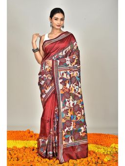 Ramshyam Collection - Womens Kantha Silk Embroidered Thread Work Maroon Saree with Unstitched Blouse