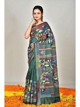 Ramshyam Collection - Womens Kantha Silk Embroidered Thread Work Green Saree with Unstitched Blouse
