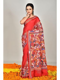 Ramshyam Collection - Womens Kantha Silk Embroidered Thread Work Red Saree with Unstitched Blouse
