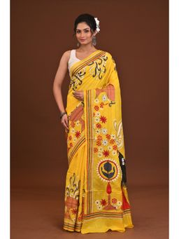 Ramshyam Collection - Womens Kantha Silk Embroidered Thread Work Yellow Saree with Unstitched Blouse