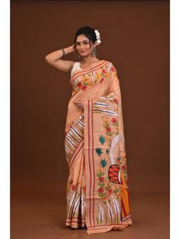 Ramshyam Collection - Womens Kantha Silk Embroidered Thread Work Beige Saree with Unstitched Blouse