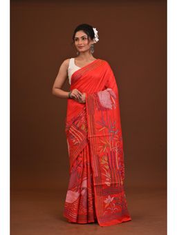 Ramshyam Collection - Womens Kantha Silk Embroidered Thread Work Red Saree with Unstitched Blouse
