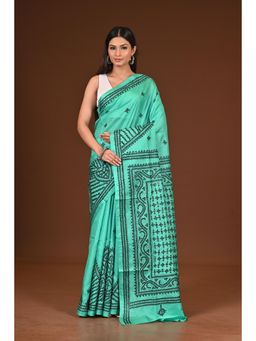 Ramshyam Collection - Womens Kantha Silk Embroidered Mirrow Work Green Saree with Unstitched Blouse