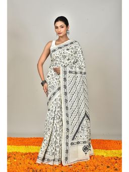 Ramshyam Collection - Womens Kantha Silk Embroidered Thread Work White Saree with Unstitched Blouse