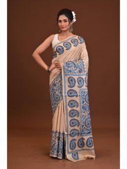 Ramshyam Collection - Womens Kantha Silk Thread Work Beige Saree with Unstitched Blouse