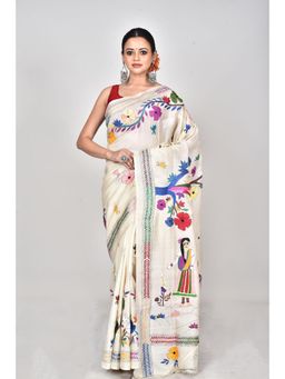 Ramshyam Collection - Womens Kantha Silk Embroidered Thread Work Ivory Saree with Unstitched Blouse