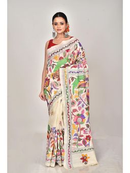 Ramshyam Collection - Womens Kantha Silk Embroidered Thread Work Beige Saree with Unstitched Blouse