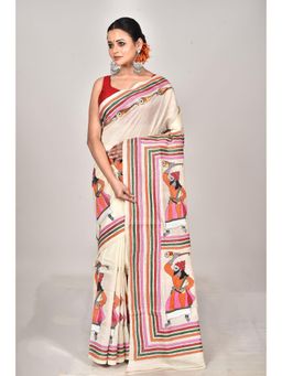 Ramshyam Collection - Womens Kantha Silk Embroidered Thread Work Beige Saree with Unstitched Blouse