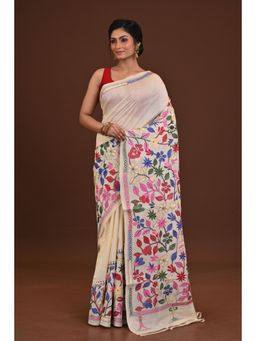 Ramshyam Collection - Womens Kantha Silk Floral Thread Work Cream Saree with Unstitched Blouse